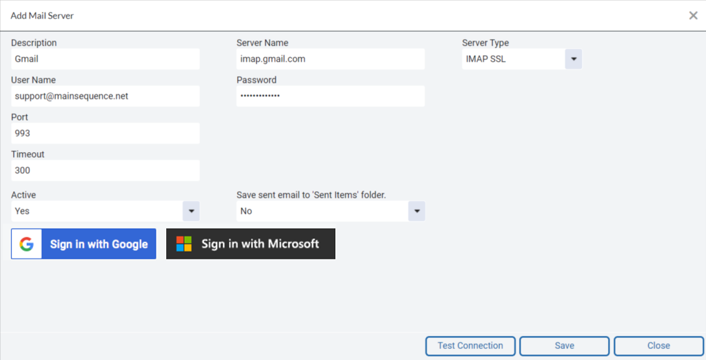 Mail Server Add Screen